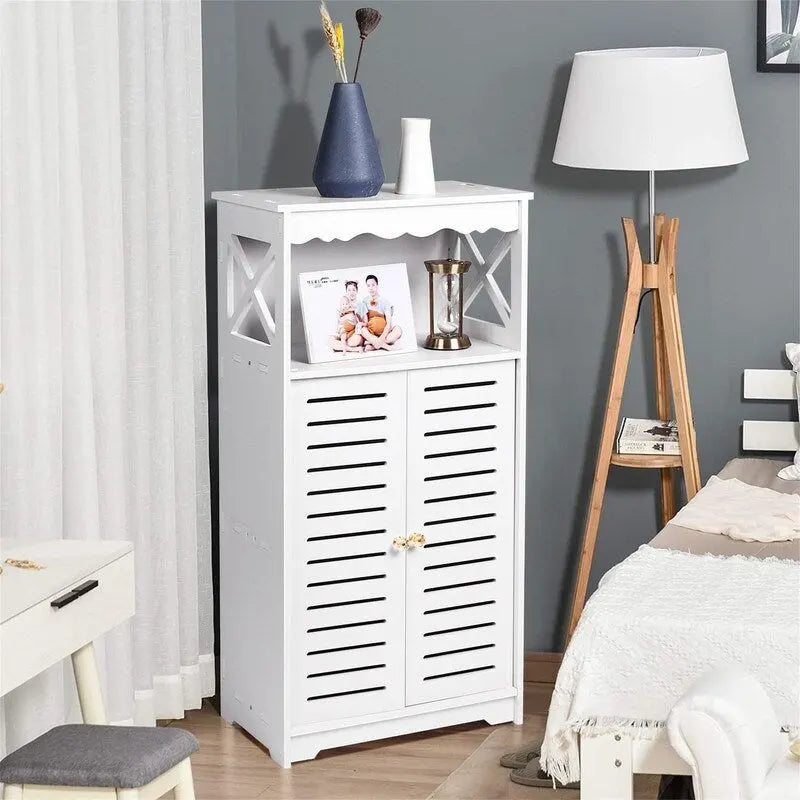 Meuble de Rangement de Salle de Bain Blanc sur Pied avec Doubles Portes à Persiennes