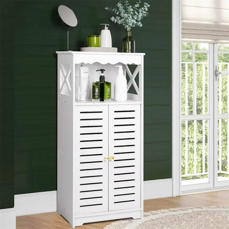 Meuble de Rangement de Salle de Bain Blanc sur Pied avec Doubles Portes à Persiennes