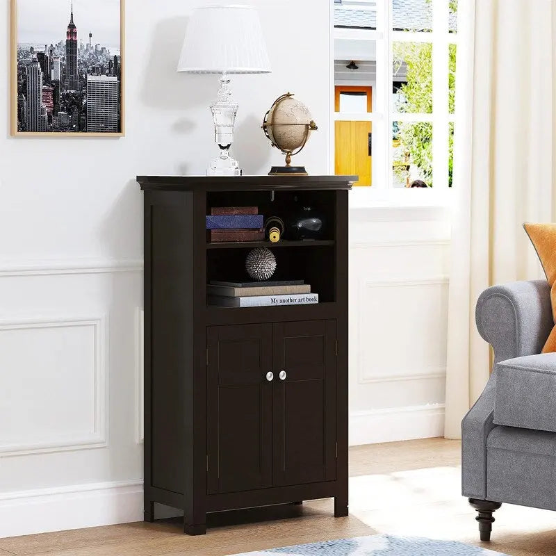 Meuble de rangement autoportant avec portes et étagères ouvertes, intérieur réglable, MDF, expresso, blanc