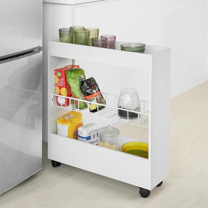 Chariot de rangement fin à 3 niveaux avec roulettes pivotantes pour les espaces étroits, Blanc