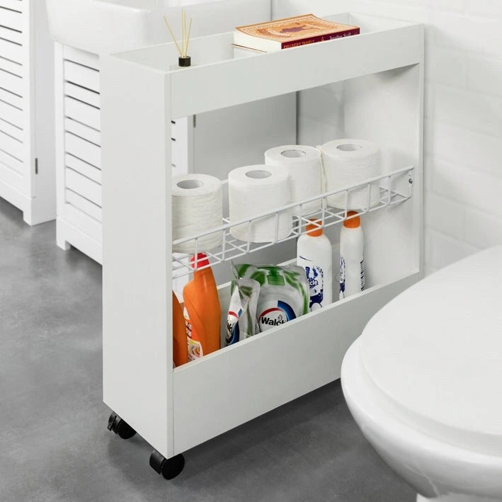 Chariot de rangement fin à 3 niveaux avec roulettes pivotantes pour les espaces étroits, Blanc
