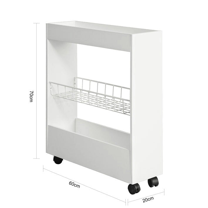 Chariot de rangement fin à 3 niveaux avec roulettes pivotantes pour les espaces étroits, Blanc