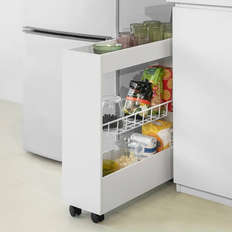 Chariot de rangement fin à 3 niveaux avec roulettes pivotantes pour les espaces étroits, Blanc