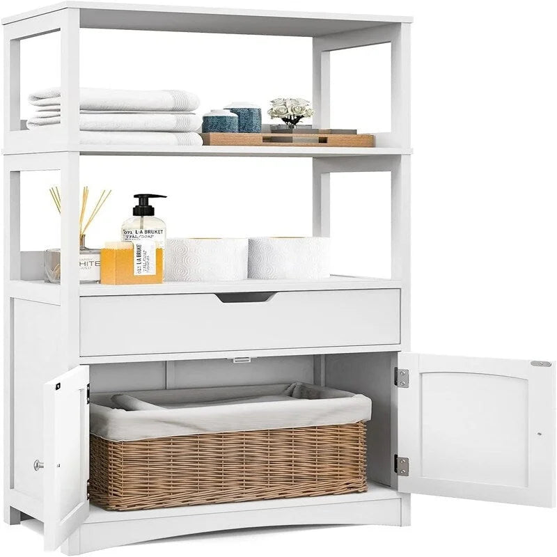 Meuble de rangement autoportant avec étagères ouvertes, tiroir et portes, gris