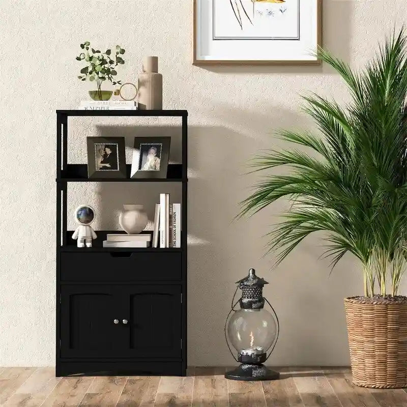 Meuble de rangement autoportant avec étagères ouvertes, tiroir et portes, gris