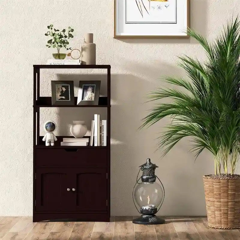 Meuble de rangement autoportant avec étagères ouvertes, tiroir et portes, gris