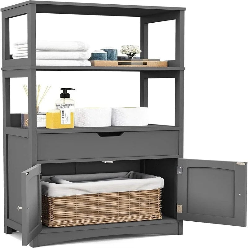 Meuble de rangement autoportant avec étagères ouvertes, tiroir et portes, gris