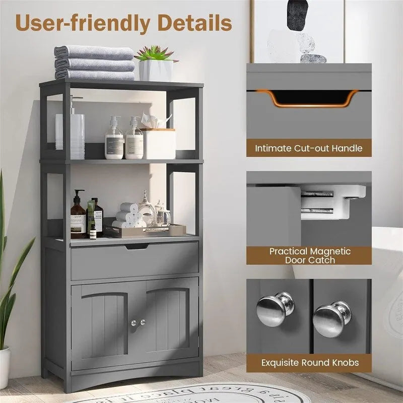Meuble de rangement autoportant avec étagères ouvertes, tiroir et portes, gris