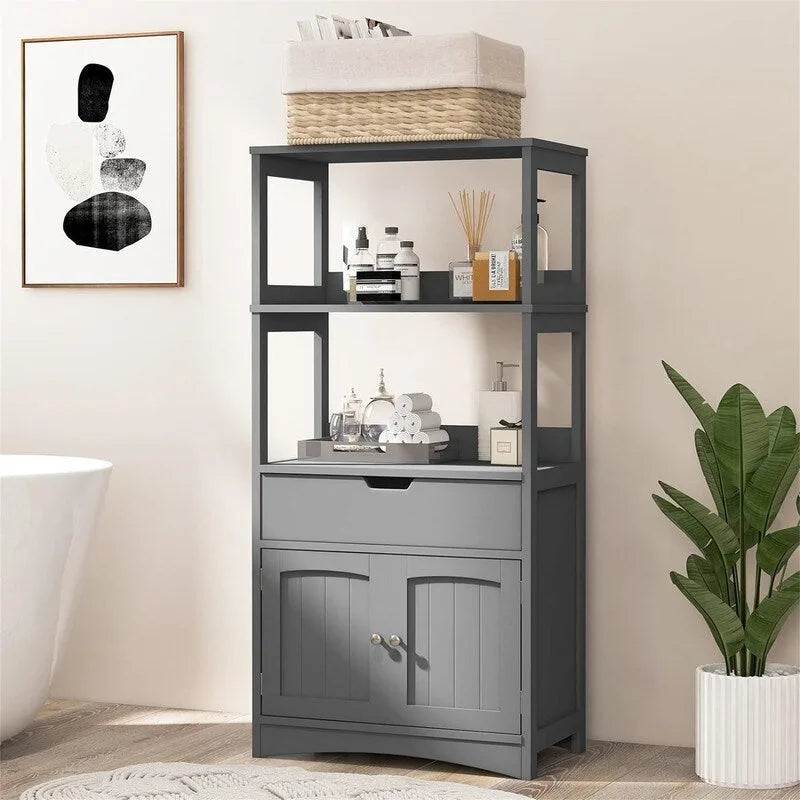 Meuble de rangement autoportant avec étagères ouvertes, tiroir et portes, gris