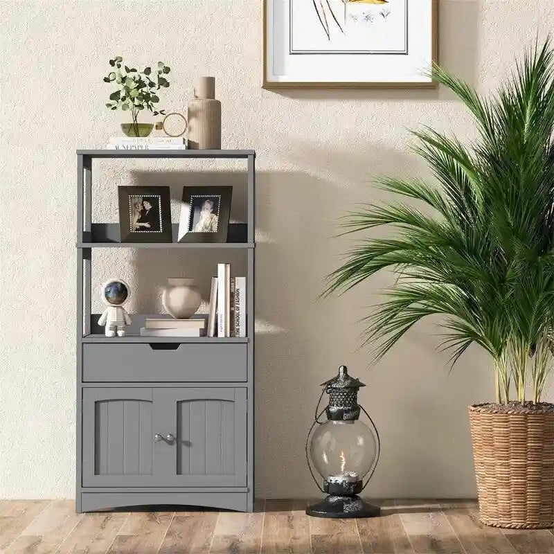 Meuble de rangement autoportant avec étagères ouvertes, tiroir et portes, gris