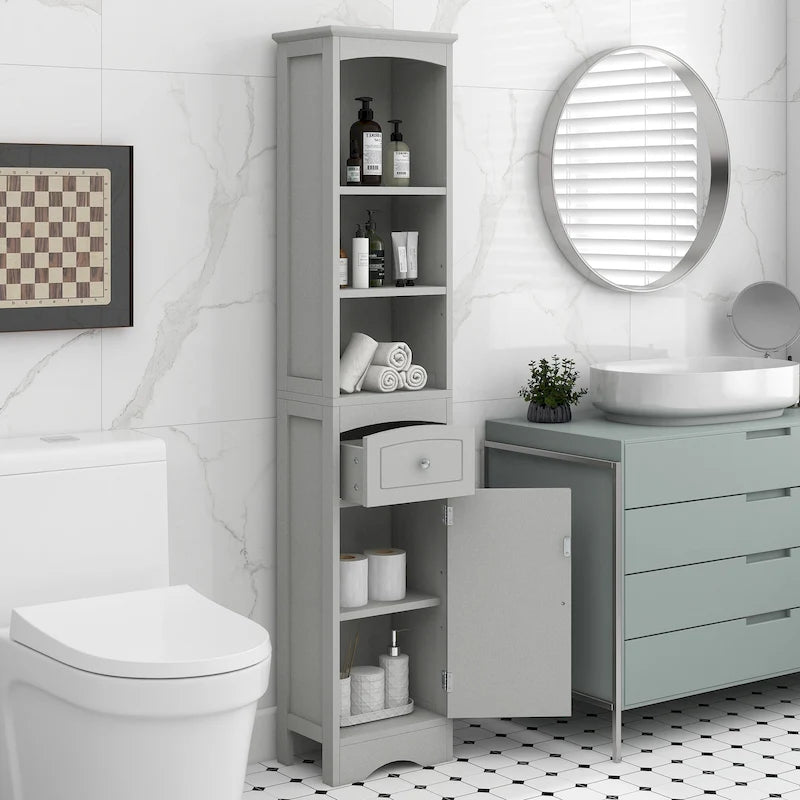 Meuble de rangement de salle de bain haut sur pied avec étagères ouvertes, tiroir et porte