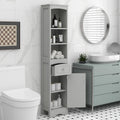 Meuble de rangement de salle de bain haut sur pied avec étagères ouvertes, tiroir et porte