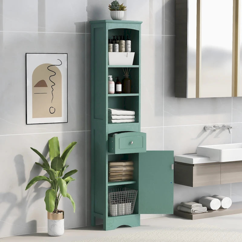 Meuble de rangement de salle de bain haut sur pied avec étagères ouvertes, tiroir et porte
