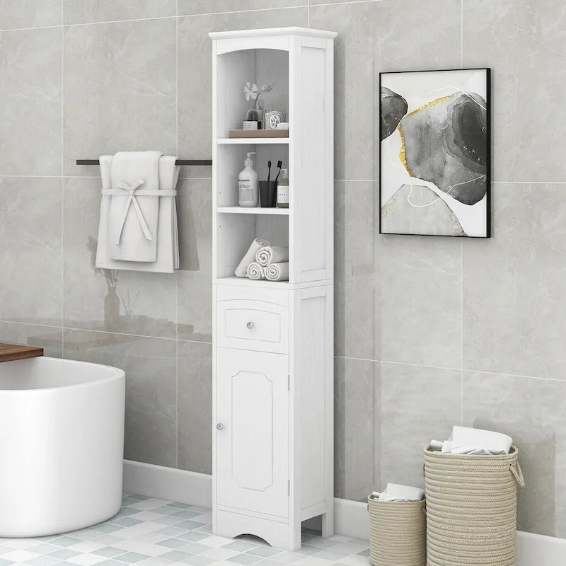Meuble de rangement de salle de bain haut sur pied avec étagères ouvertes, tiroir et porte
