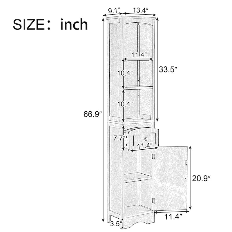 Meuble de rangement de salle de bain haut sur pied avec étagères ouvertes, tiroir et porte