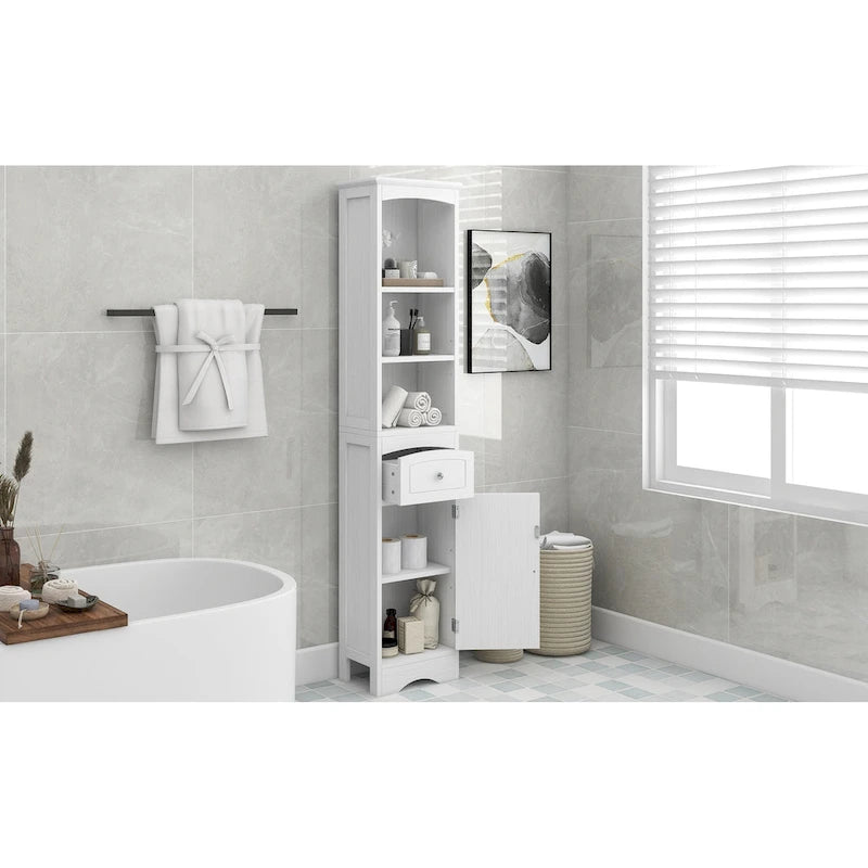 Meuble de rangement de salle de bain haut sur pied avec étagères ouvertes, tiroir et porte
