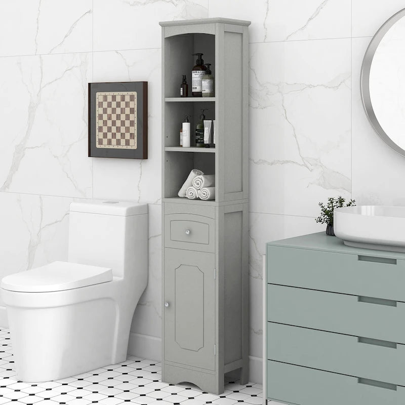 Meuble de rangement de salle de bain haut sur pied avec étagères ouvertes, tiroir et porte