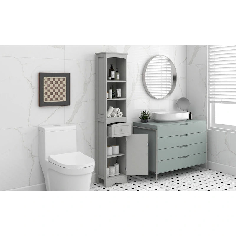 Meuble de rangement de salle de bain haut sur pied avec étagères ouvertes, tiroir et porte