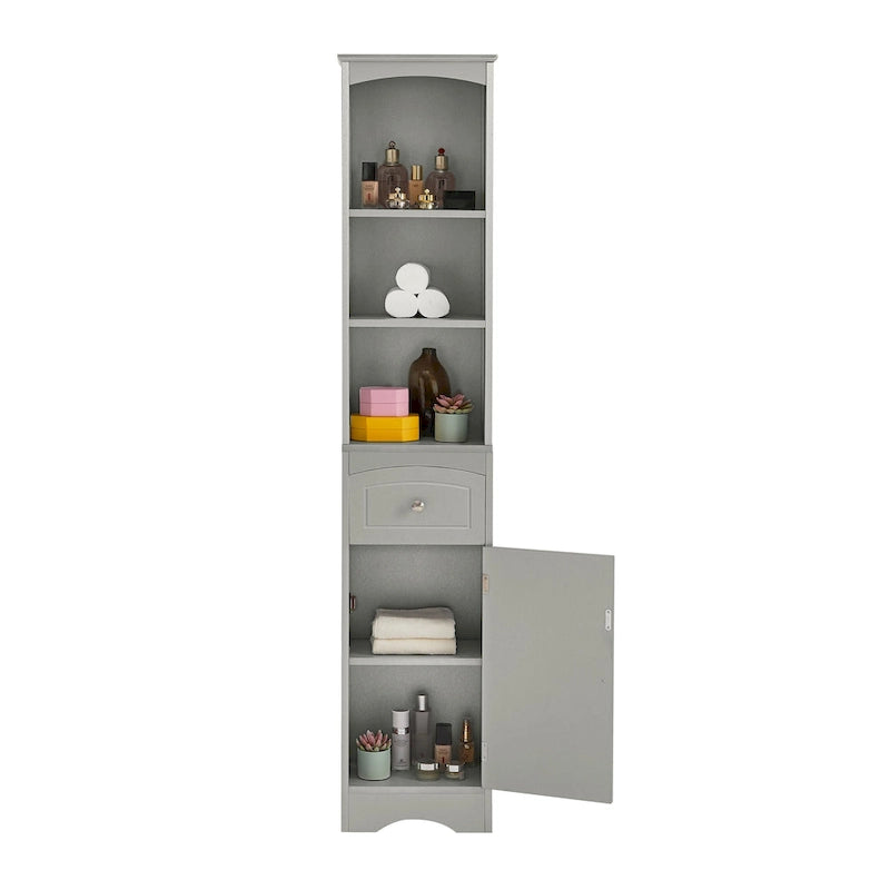 Meuble de rangement de salle de bain haut sur pied avec étagères ouvertes, tiroir et porte