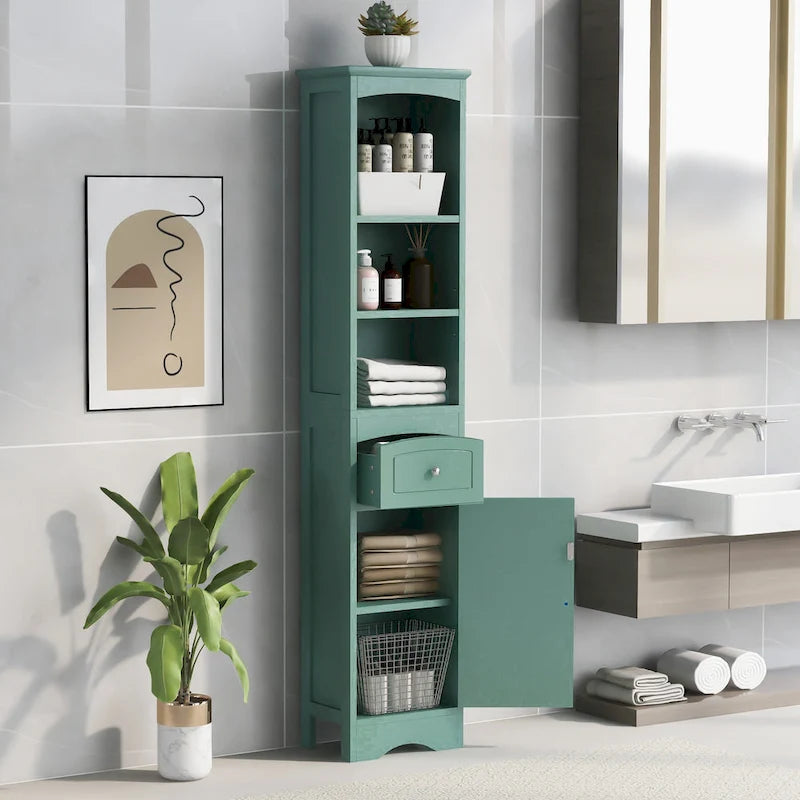 Meuble de rangement de salle de bain haut sur pied avec étagères ouvertes, tiroir et porte