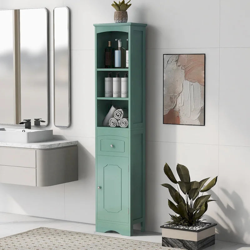 Meuble de rangement de salle de bain haut sur pied avec étagères ouvertes, tiroir et porte