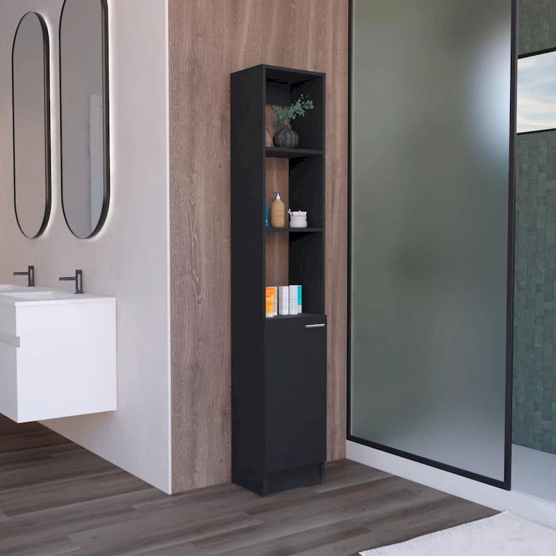Colonne de rangement à linge autoportante haute avec étagères ouvertes et porte, noire