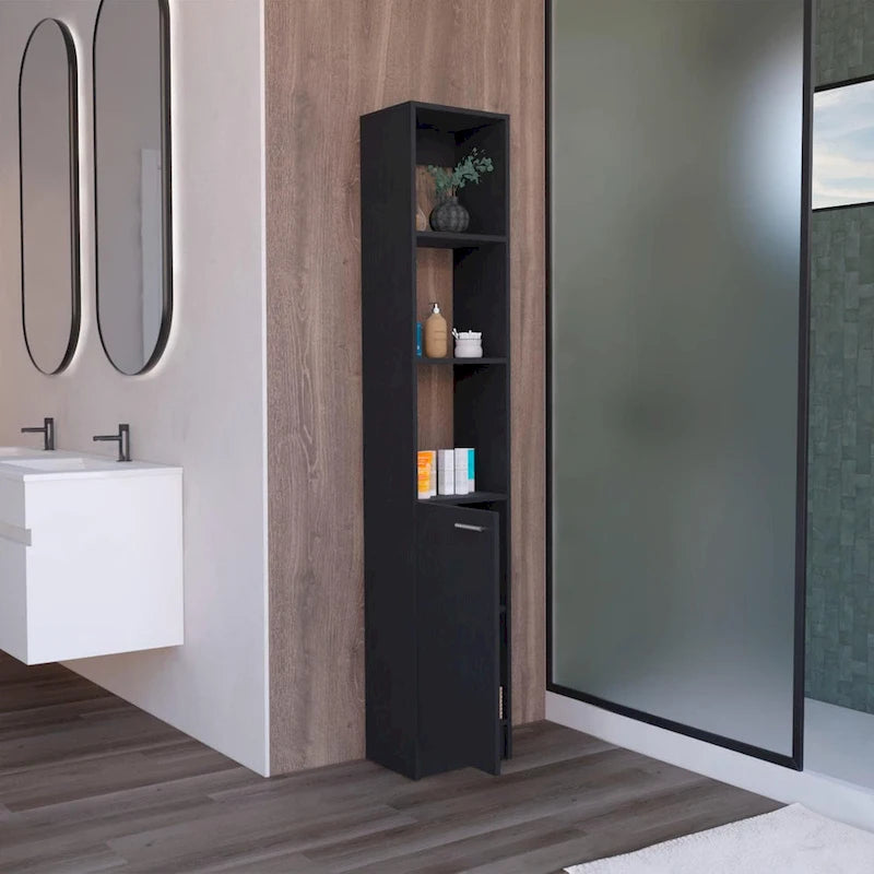 Colonne de rangement à linge autoportante haute avec étagères ouvertes et porte, noire