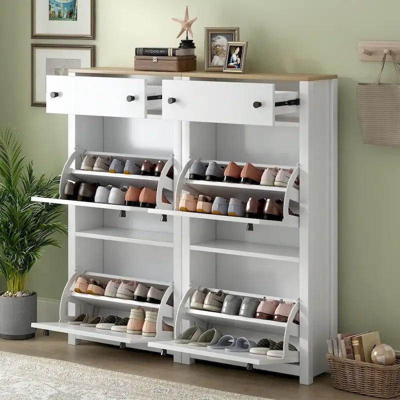 Meuble à chaussures blanc avec tiroirs de rangement et dessus à effet bois
