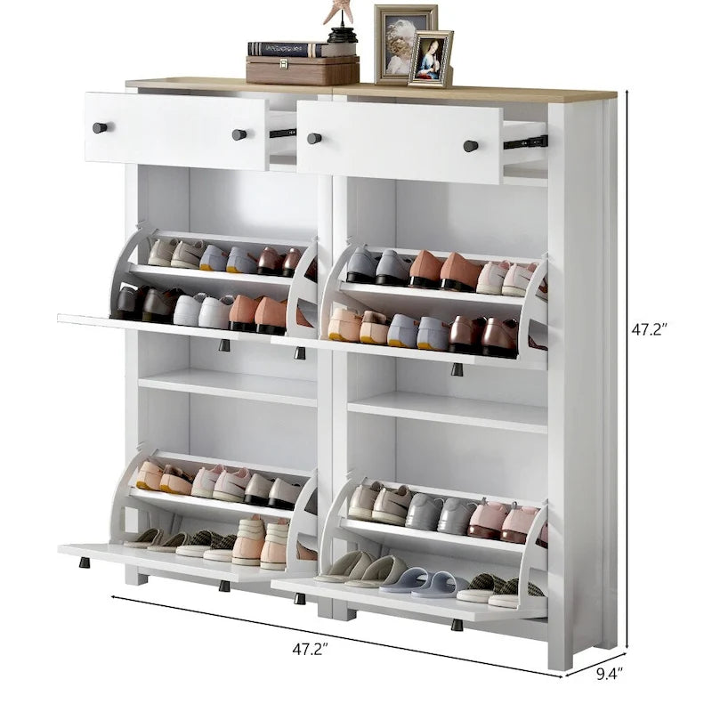 Meuble à chaussures blanc avec tiroirs de rangement et dessus à effet bois