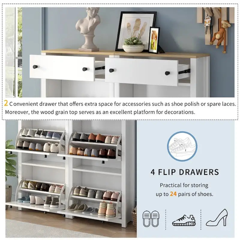 Meuble à chaussures blanc avec tiroirs de rangement et dessus à effet bois