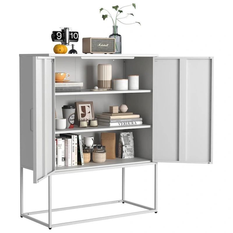 Armoire de rangement métallique à 2 portes avec base à pieds hauts et portes magnétiques, noire ou blanche
