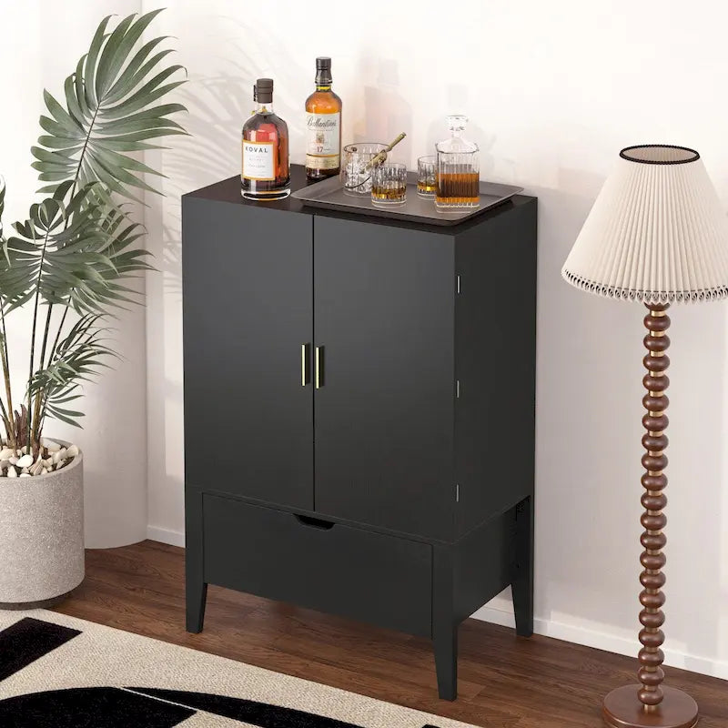 Meuble Bar Style Industriel avec Double Portes Tiroir Porte-Bouteilles Porte-Verres Blanc Marron