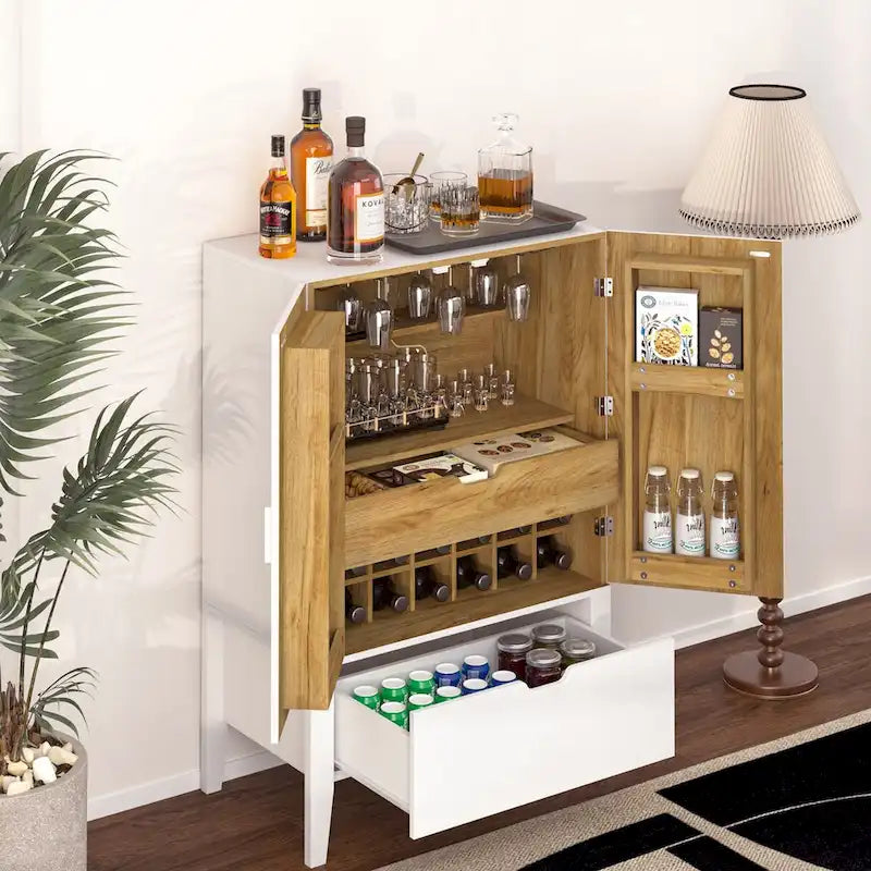 Meuble Bar Style Industriel avec Double Portes Tiroir Porte-Bouteilles Porte-Verres Blanc Marron