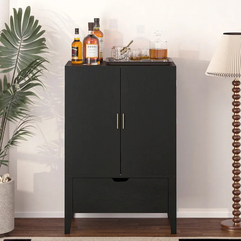 Meuble Bar Style Industriel avec Double Portes Tiroir Porte-Bouteilles Porte-Verres Blanc Marron