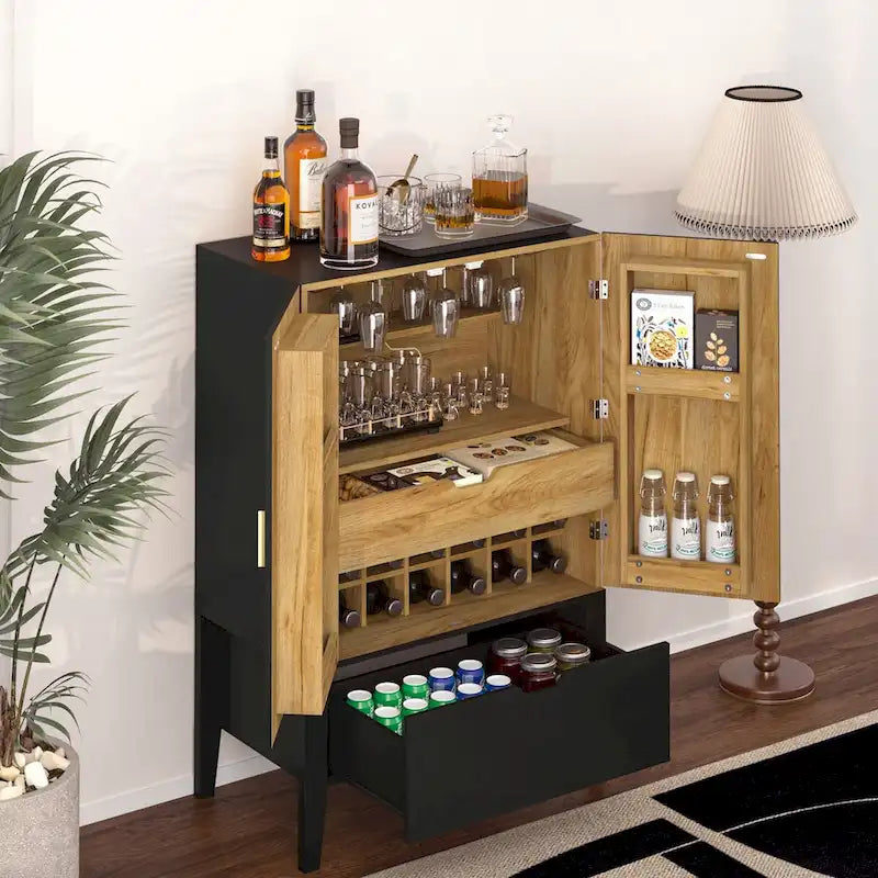 Meuble Bar Style Industriel avec Double Portes Tiroir Porte-Bouteilles Porte-Verres Blanc Marron
