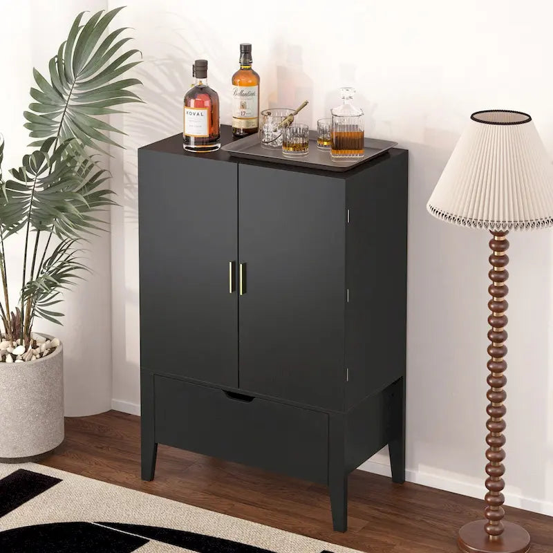 Meuble Bar Style Industriel avec Double Portes Tiroir Porte-Bouteilles Porte-Verres Blanc Marron