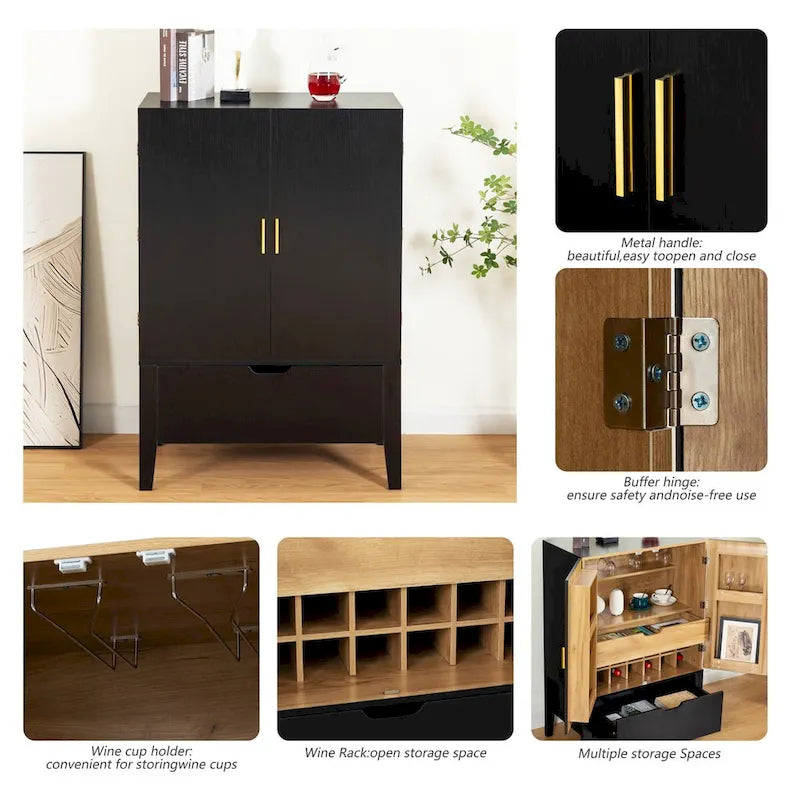 Meuble Bar Style Industriel avec Double Portes Tiroir Porte-Bouteilles Porte-Verres Blanc Marron