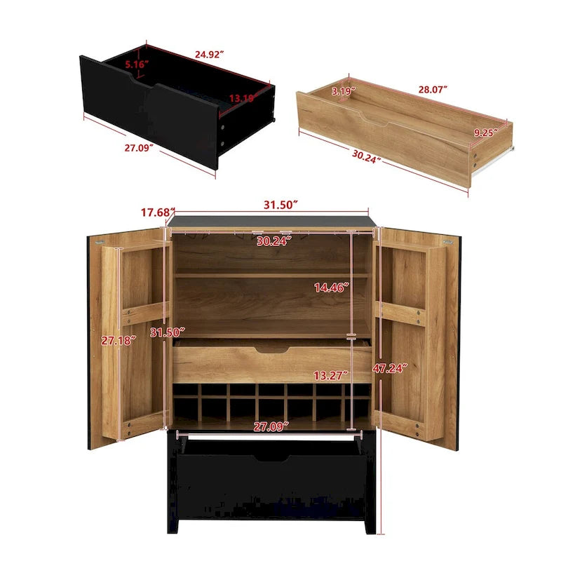 Meuble Bar Style Industriel avec Double Portes Tiroir Porte-Bouteilles Porte-Verres Blanc Marron