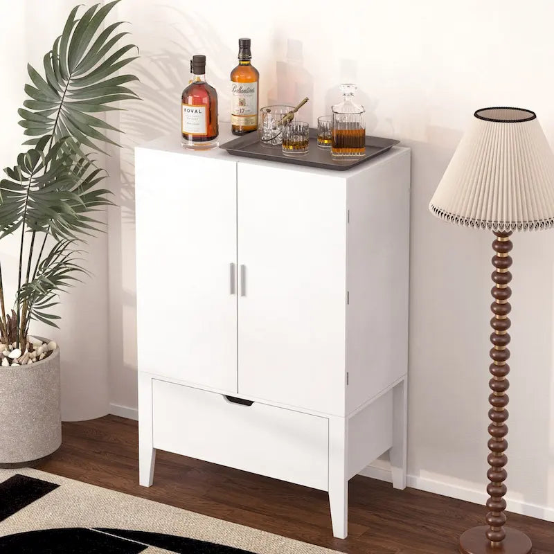 Meuble Bar Style Industriel avec Double Portes Tiroir Porte-Bouteilles Porte-Verres Blanc Marron