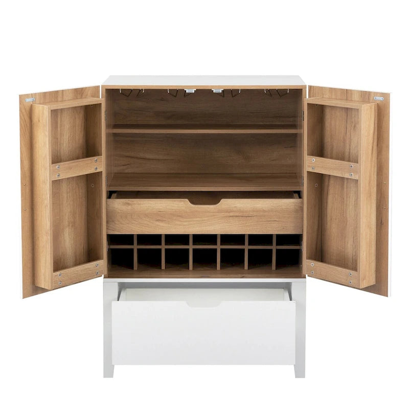 Meuble Bar Style Industriel avec Double Portes Tiroir Porte-Bouteilles Porte-Verres Blanc Marron