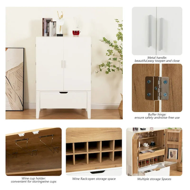Meuble Bar Style Industriel avec Double Portes Tiroir Porte-Bouteilles Porte-Verres Blanc Marron