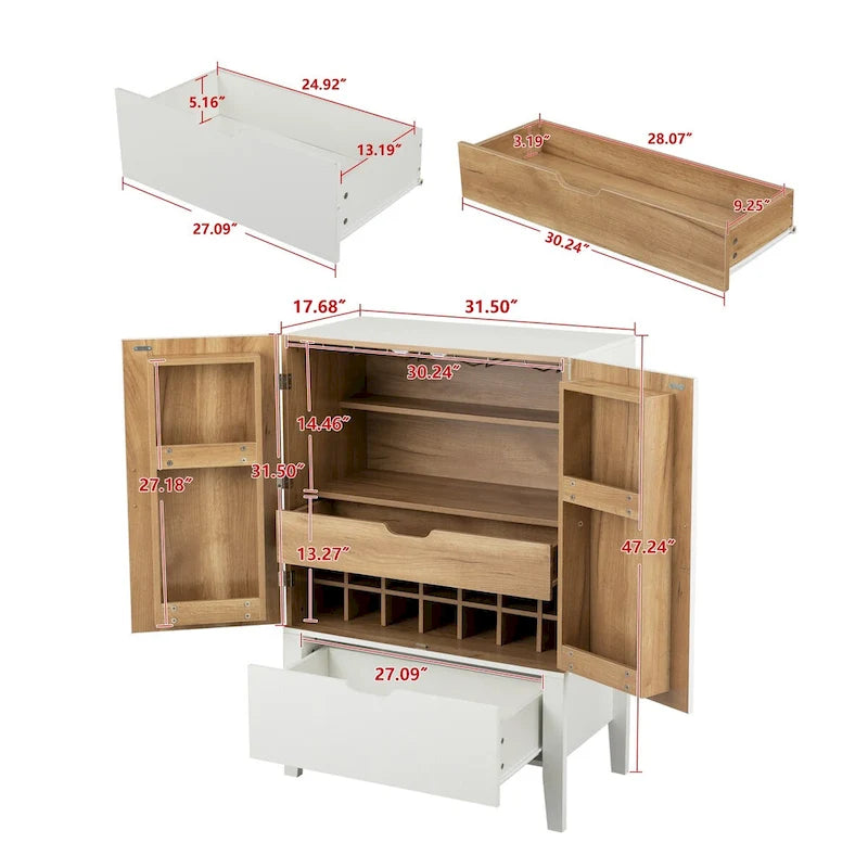 Meuble Bar Style Industriel avec Double Portes Tiroir Porte-Bouteilles Porte-Verres Blanc Marron