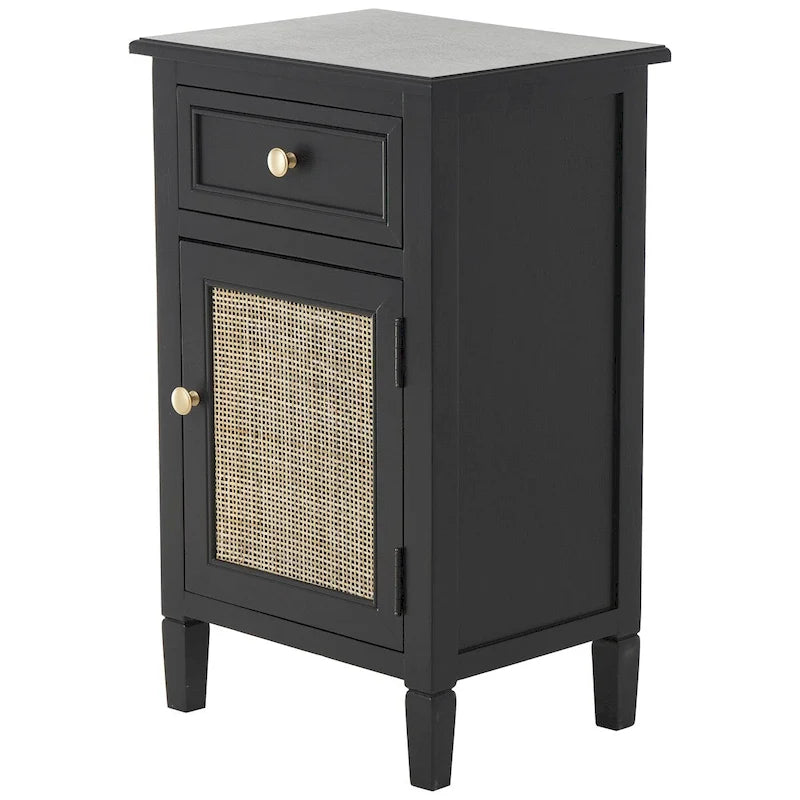 Meuble de rangement en bois noir avec porte en rotin, tiroir et poignées dorées