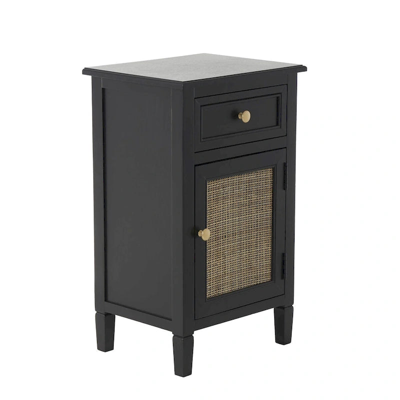 Meuble de rangement en bois noir avec porte en rotin, tiroir et poignées dorées