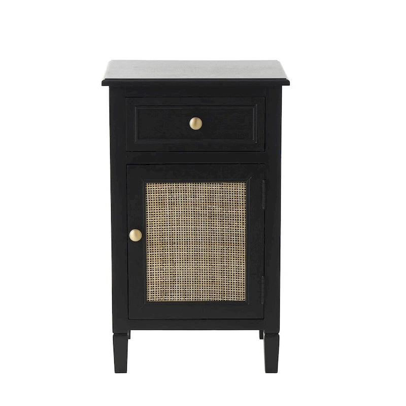 Meuble de rangement en bois noir avec porte en rotin, tiroir et poignées dorées