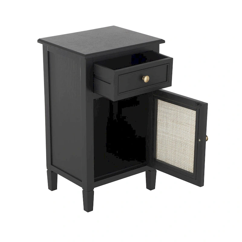 Meuble de rangement en bois noir avec porte en rotin, tiroir et poignées dorées
