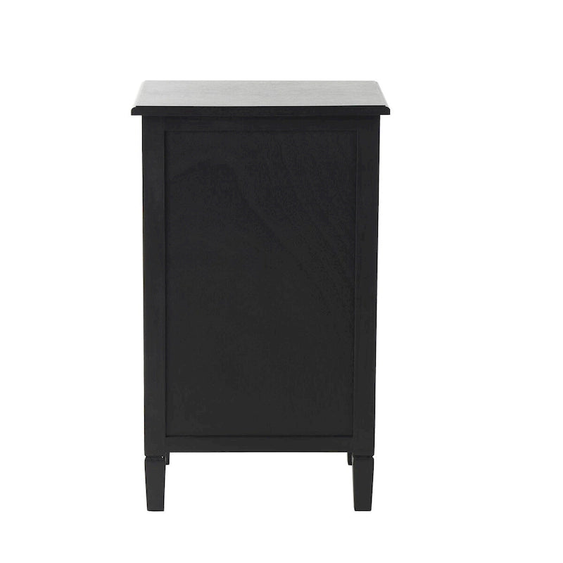 Meuble de rangement en bois noir avec porte en rotin, tiroir et poignées dorées