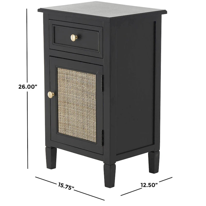 Meuble de rangement en bois noir avec porte en rotin, tiroir et poignées dorées