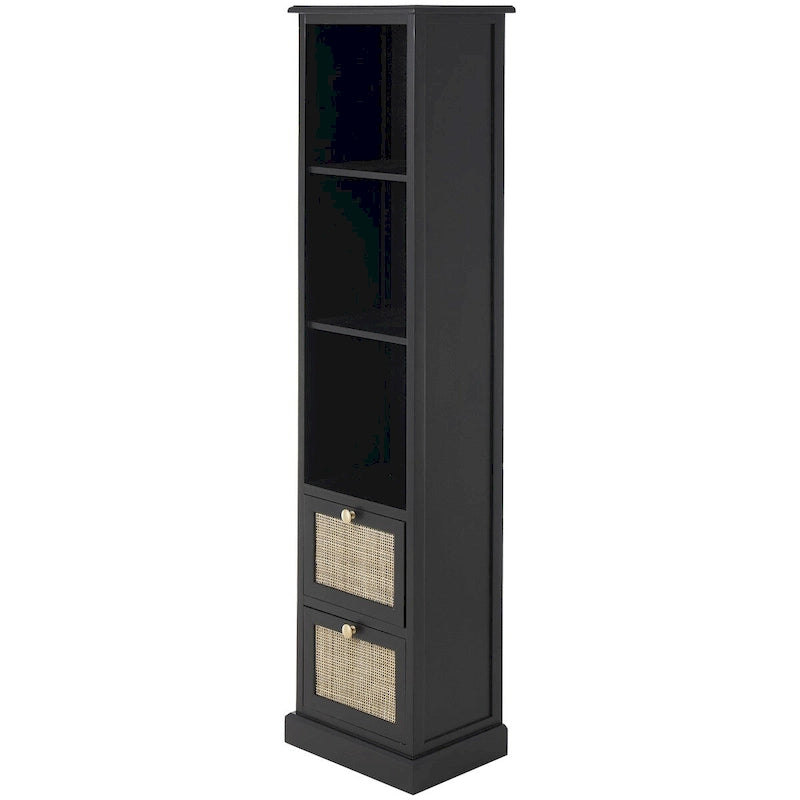 Meuble de rangement noir avec 3 étagères ouvertes, 2 tiroirs en rotin et poignées dorées