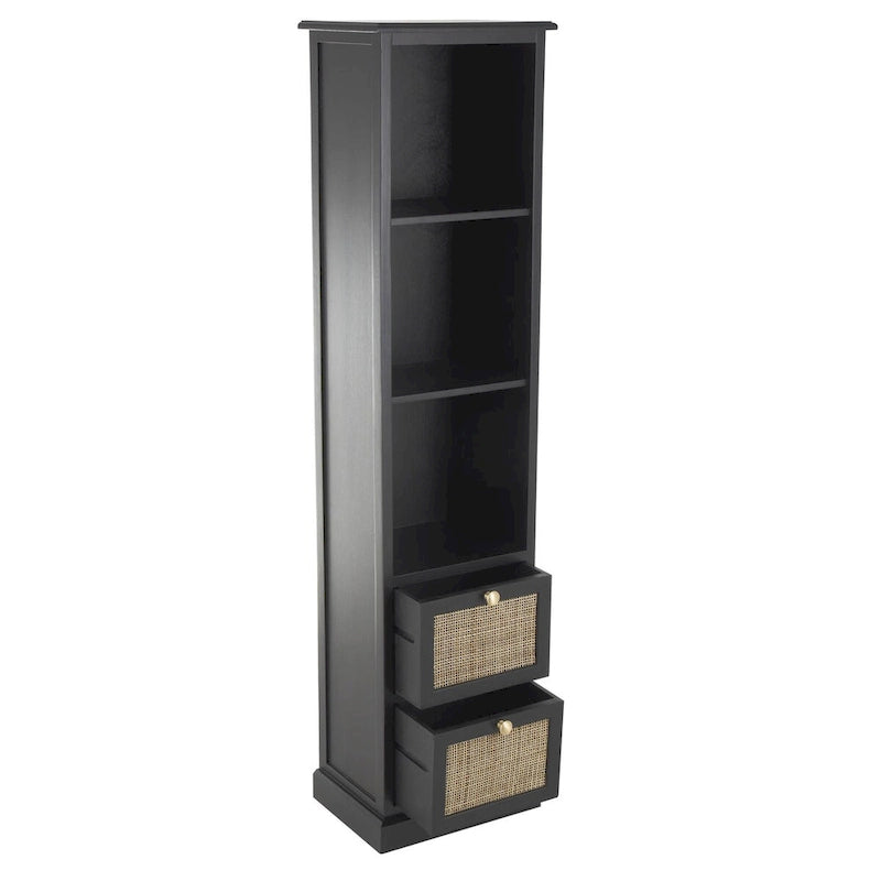 Meuble de rangement noir avec 3 étagères ouvertes, 2 tiroirs en rotin et poignées dorées